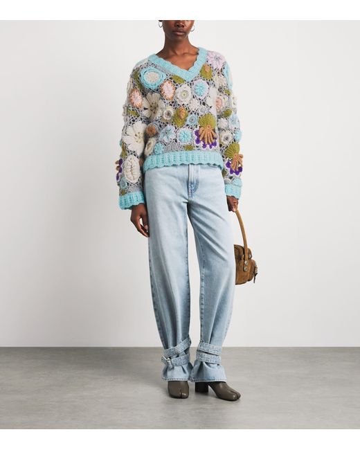 Ganni Blue Mohair-Blend Dreamy Floral Sweater