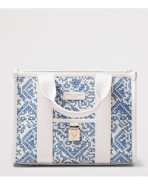 Aspinal Blue Canvas Raffia Henley Tote Bag