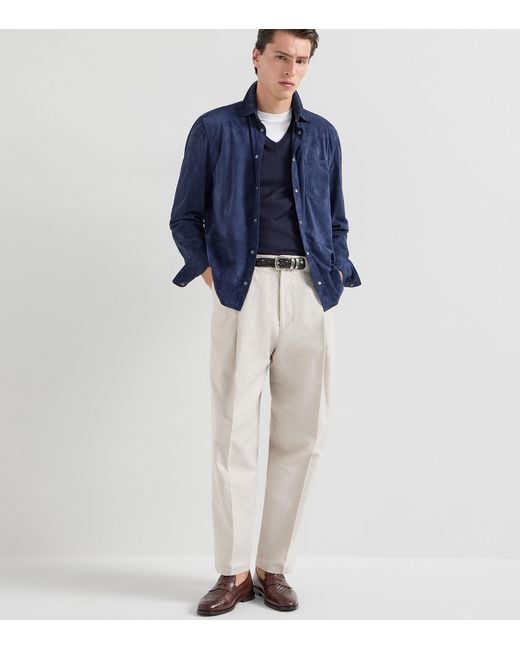 Brunello Cucinelli Blue Cashmere-Silk V-Neck Sweater for men