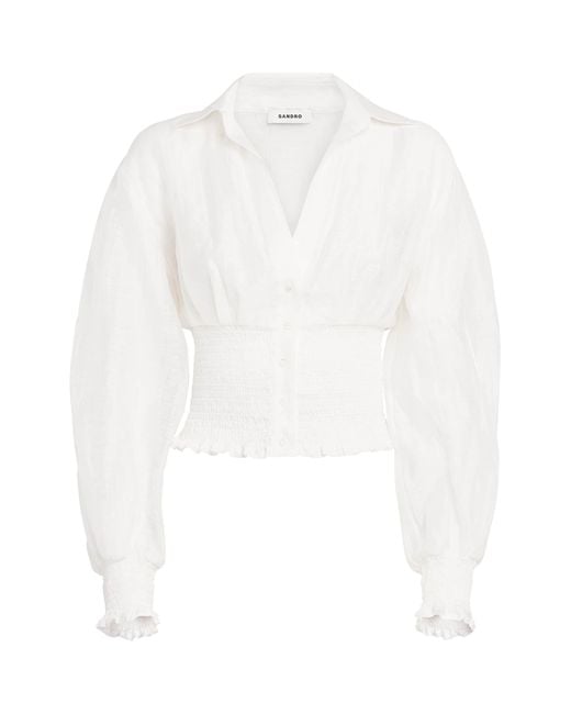 Sandro White Linen-Blend Smocked Shirt