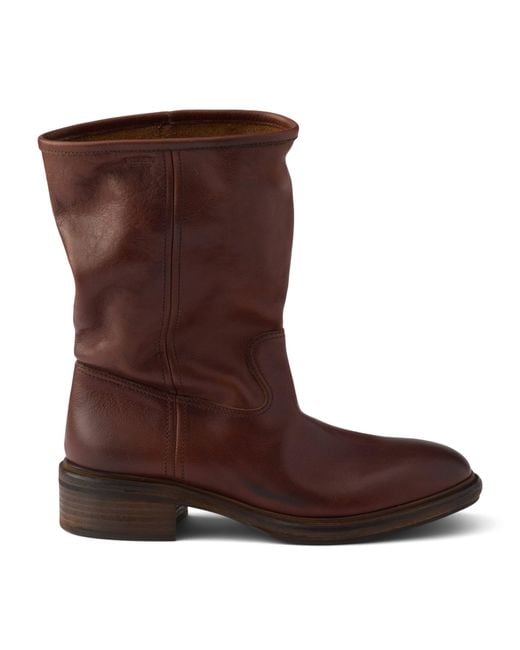 Prada Brown Leather Vintage-Effect Mid-Calf Boots 30