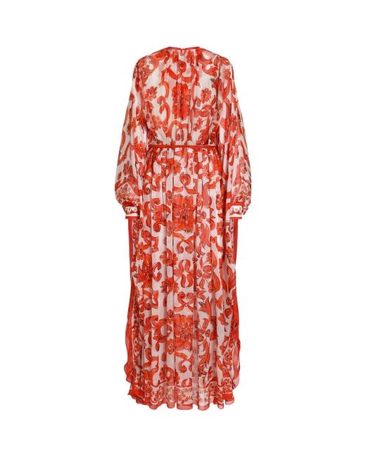 Dolce & Gabbana Red Silk Majolica Print Kaftan Maxi Dress
