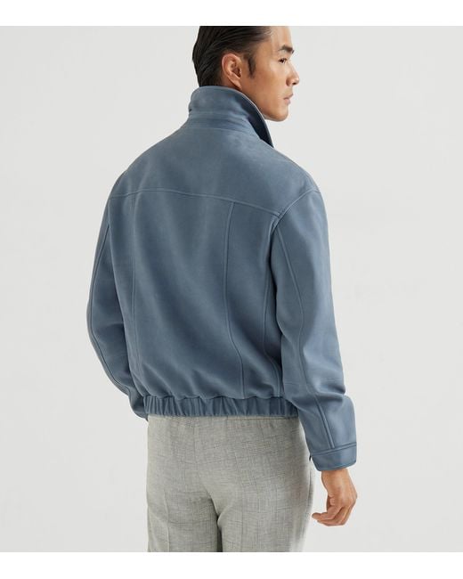 Brunello Cucinelli Blue Nubuck Leather Zip-Up Jacket for men