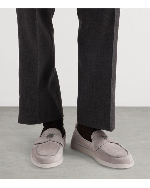 Prada Gray Suede Triangle Loafers for men