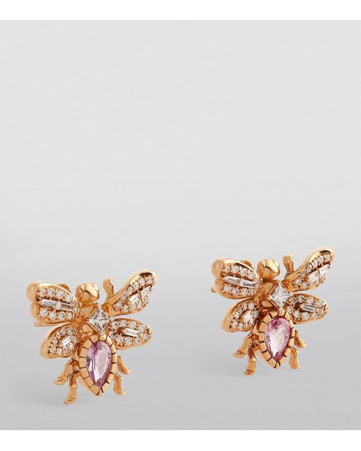 BeeGoddess Metallic Rose Gold, Diamond And Pink Sapphire Honey Bee Earrings