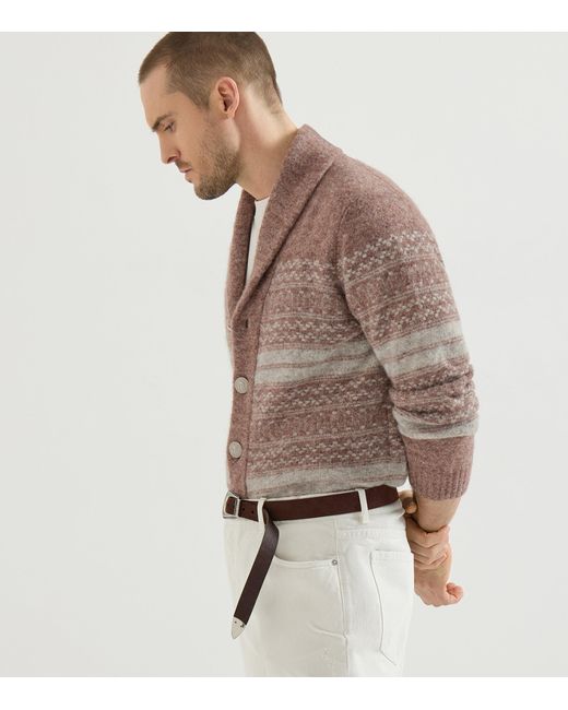 Brunello Cucinelli Brown Jacquard Shawl-Collar Cardigan for men