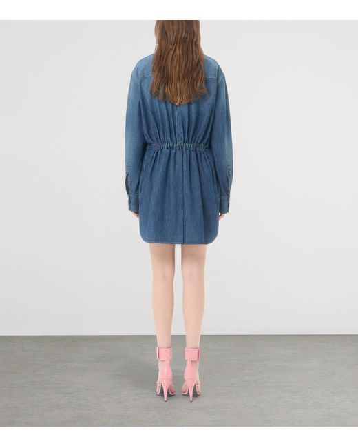 Valentino Blue Denim Polka-Dot Bow Shirt Dress
