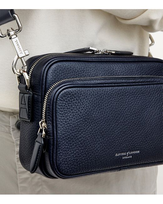 Aspinal Blue Leather Reporter East West Messenger Bag for men