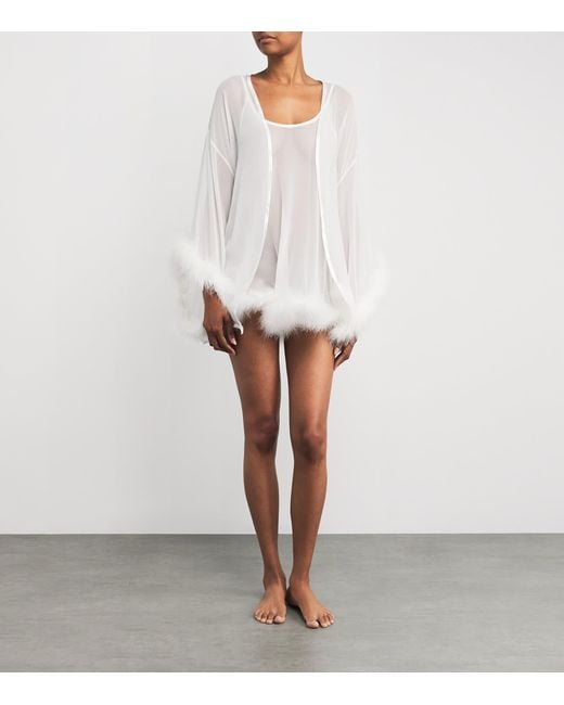 Gilda & Pearl White Silk Feather-Trim Sheer Diana Short Robe