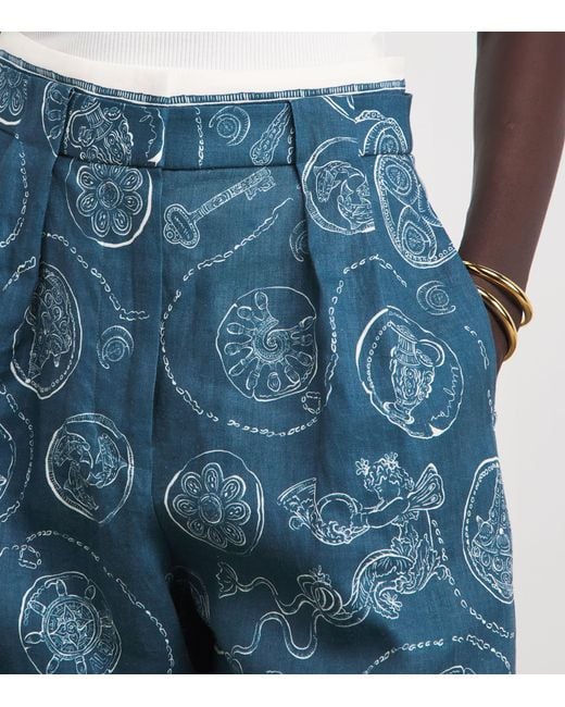 ALÉMAIS Blue Linen Printed Lucky Trousers
