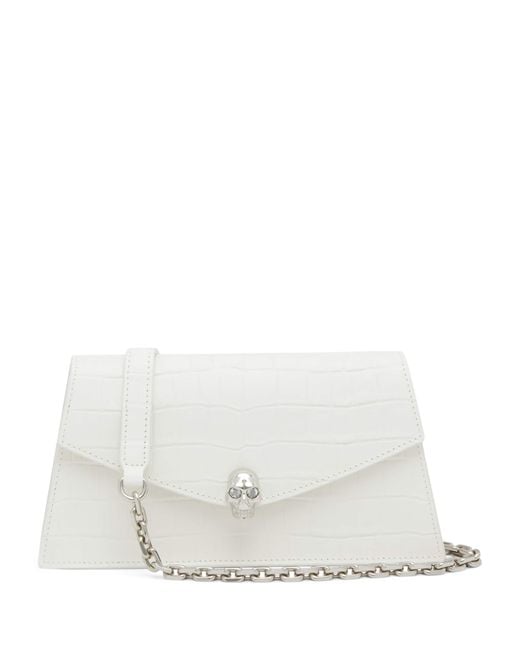 McQueen White Mini Croc-Embossed Skull Shoulder Bag