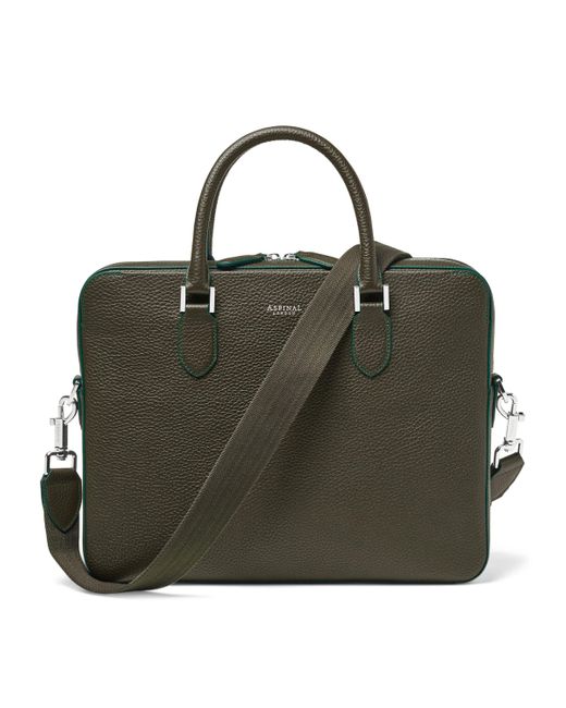 Aspinal Green Leather Mount Street Briefcase Bag for men