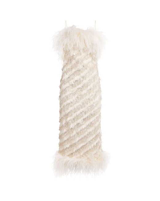 ‎Taller Marmo White Ostrich Feather Sunset Boulevard Midi Dress