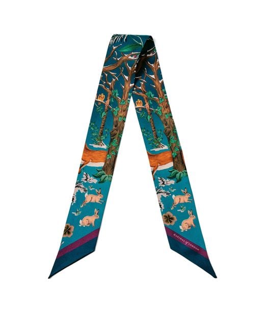Aspinal Blue Skinny Silk Woodland Scarf