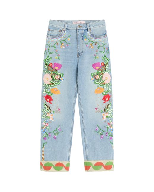 Valentino Blue Floral-Embroidered Jeans