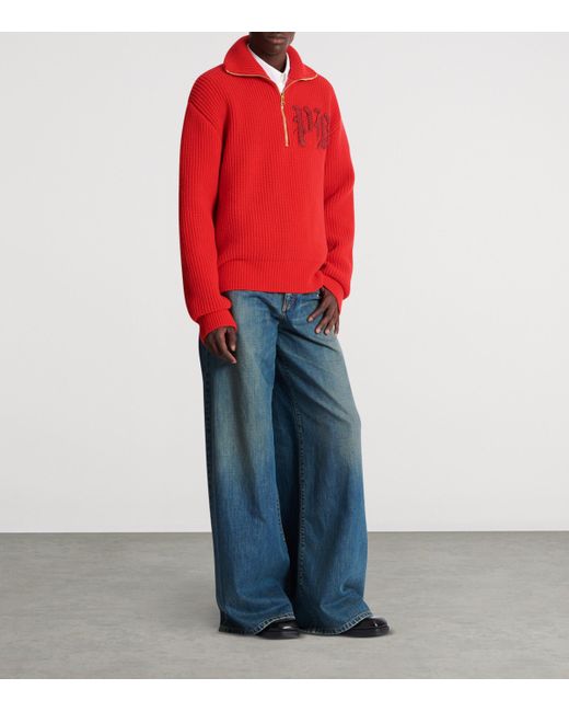 Balmain Red Virgin Wool Half-Zip Sweatshirt for men