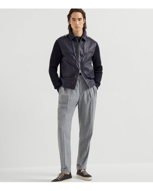 Brunello Cucinelli Blue Knitted Leather Jacket for men