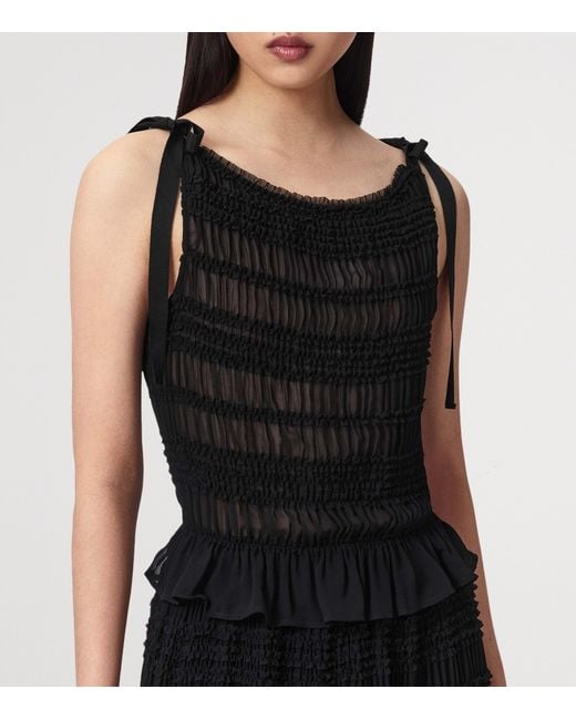 AllSaints Black Shirred Boat Neck Lotus Top