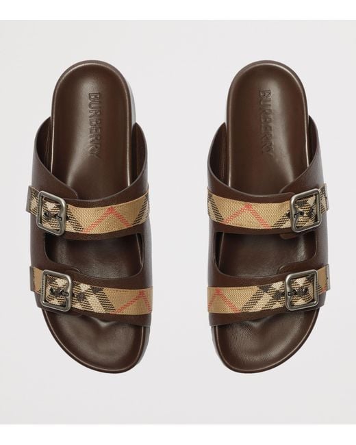 Burberry Brown Leather Check Urchin Slides for men