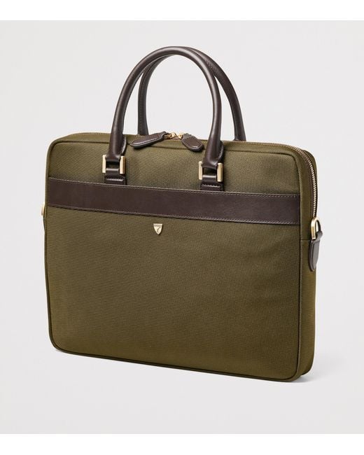 Aspinal Green Nylon Slim Briefcase for men