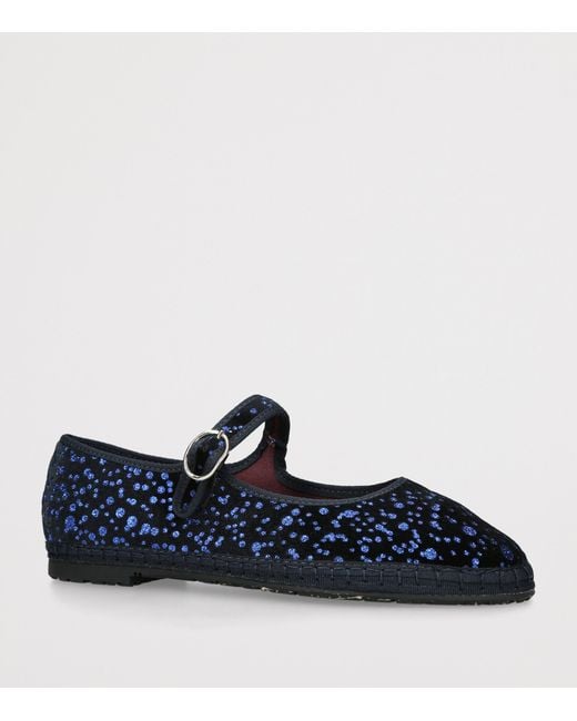 Flabelus Blue Velvet Seraphina Mary Jane Flats