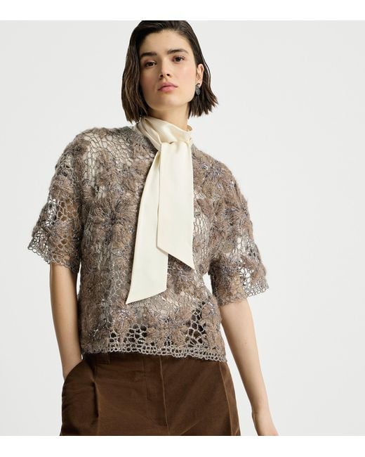 Brunello Cucinelli Natural Mohair-Blend Whispering Bloom T-Shirt
