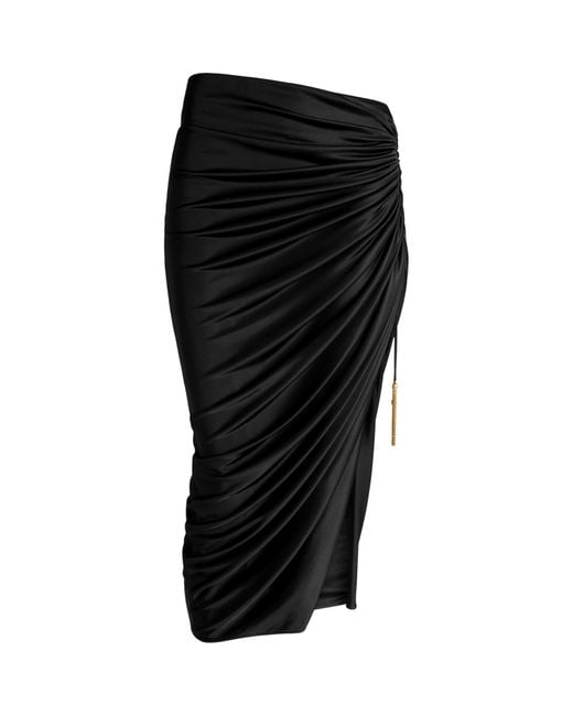 Balmain Black Jersey Ruched Midi Skirt