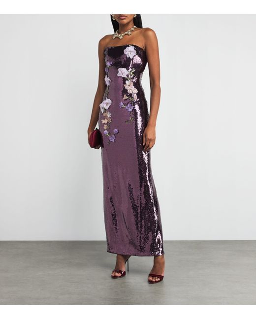 Monique Lhuillier Purple Sequin Floral Column Gown