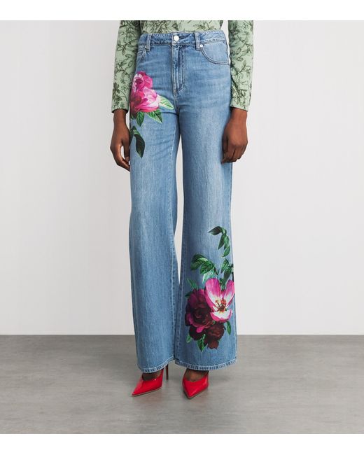 Alice + Olivia Blue Floral Print Chic Wide-Leg Jeans