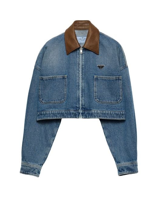Prada Blue Leather-Collar Cropped Denim Jacket