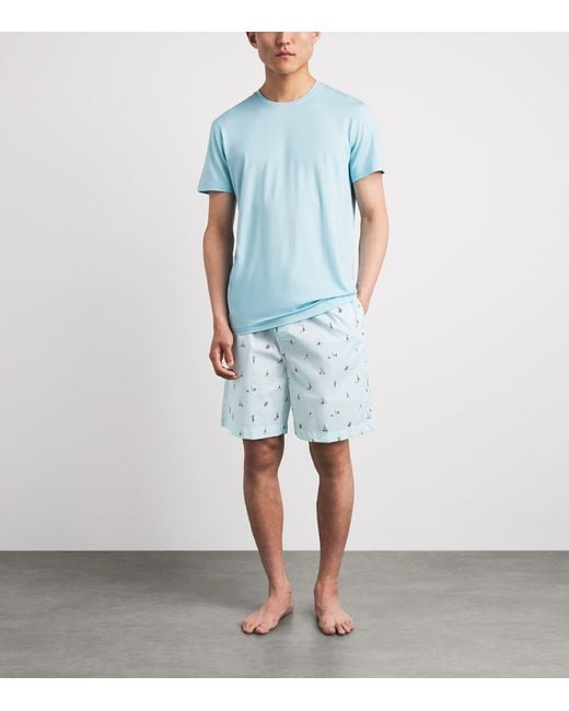 Derek Rose Blue Cotton Printed Ledbury Lounge Shorts for men