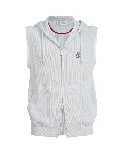 Brunello Cucinelli White Cotton Rib-Knit Sleeveless Hoodie for men