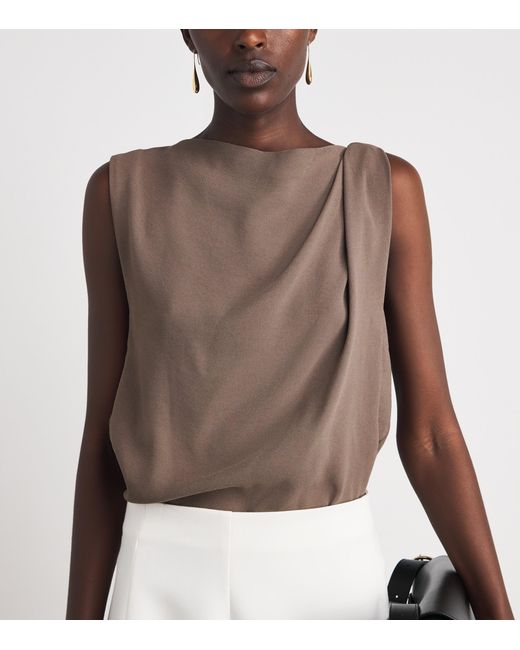 Vince Brown Crepe Draped-Shoulder Top