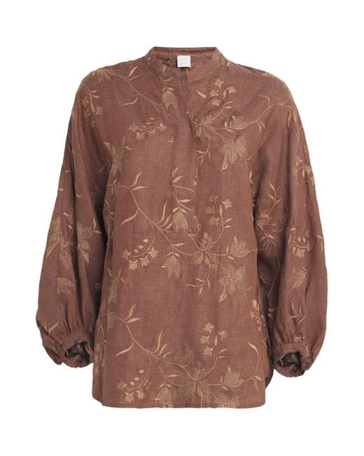 Eleventy Brown X Harrods Linen Floral-Embroidered Blouse