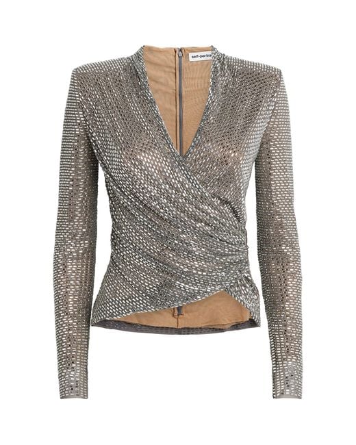 Self-Portrait Gray Rhinestone-Embellished Wrap Top