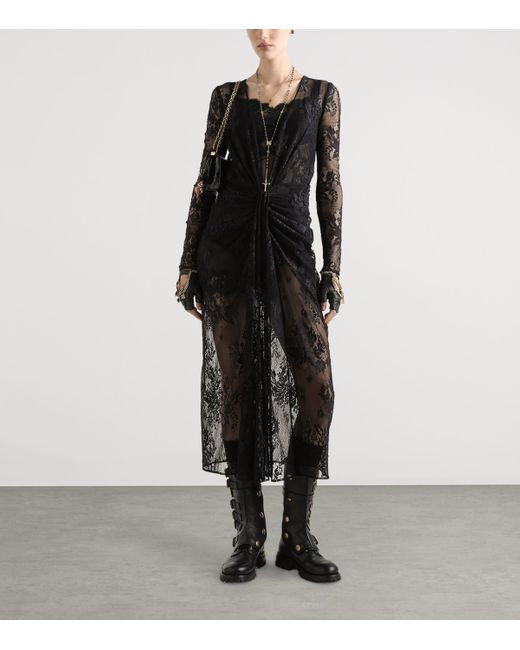 Dolce & Gabbana Black Lace Gathered Midi Dress
