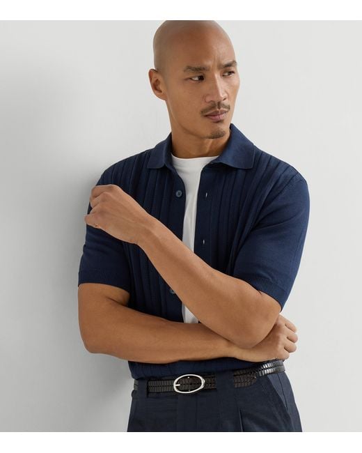 Brunello Cucinelli Blue Cotton Ribbed Short-Sleeve Cardigan for men