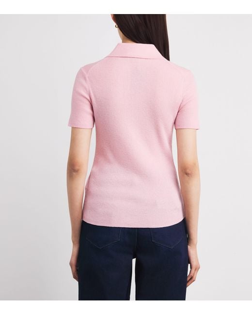 Maje Pink Wool-Silk Ribbed Polo Sweater