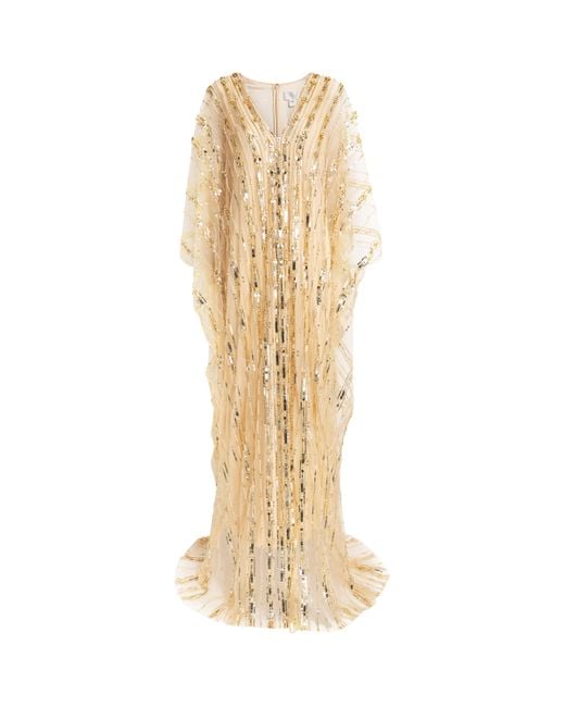 Pamella Roland Natural Tulle Embellished Kaftan Maxi Dress