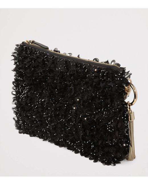 Jimmy Choo Black Callie Petal-Embroidered Satin Clutch Bag