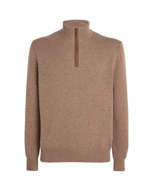 Agnona Brown Cashmere Quarter-Zip Sweater for men