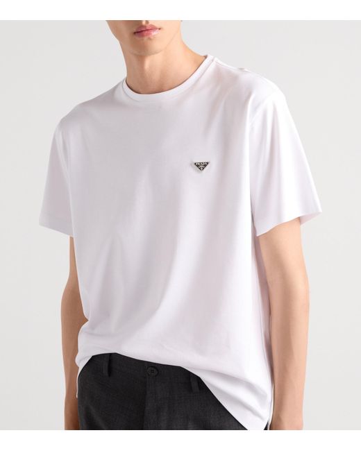 Prada White Triangle-Logo Crewneck T-Shirt for men