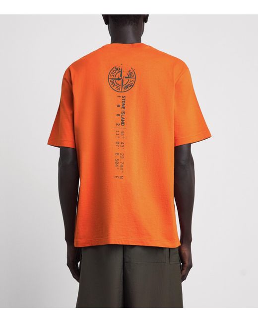 Stone Island Orange Cotton Vertical Compass T-Shirt for men