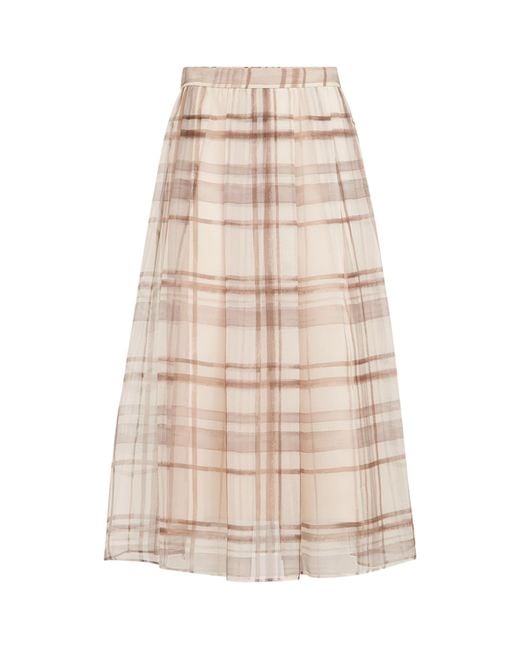 Brunello Cucinelli Natural Silk Check Midi Skirt