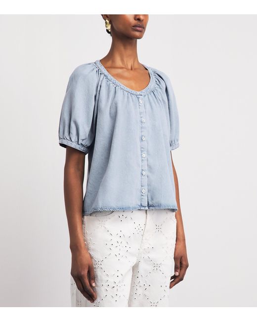 FRAME Blue Denim Scoop-Neck Blouse