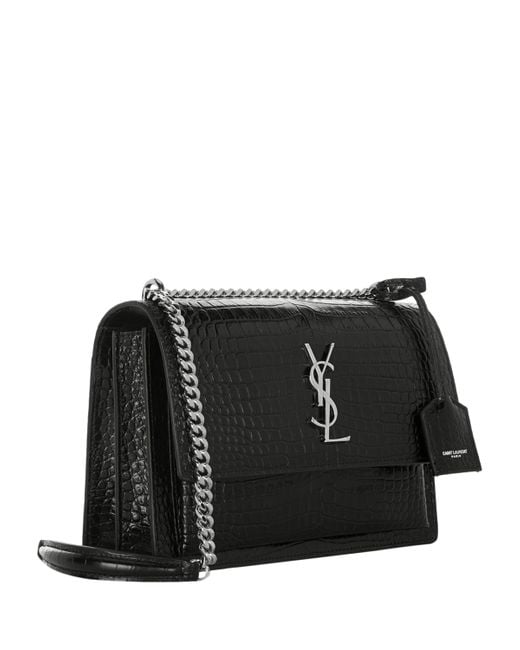 Saint Laurent Black Medium Sunset Croc-Embossed Shoulder Bag