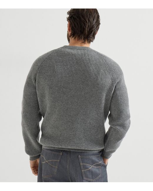 Brunello Cucinelli Gray Cashmere Ribbed Sweater for men