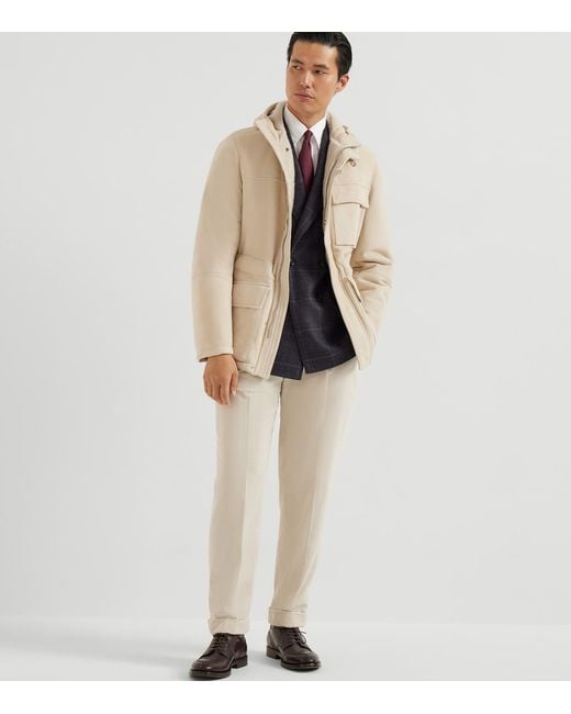 Brunello Cucinelli Natural Suede-Shearling Hooded Jacket for men