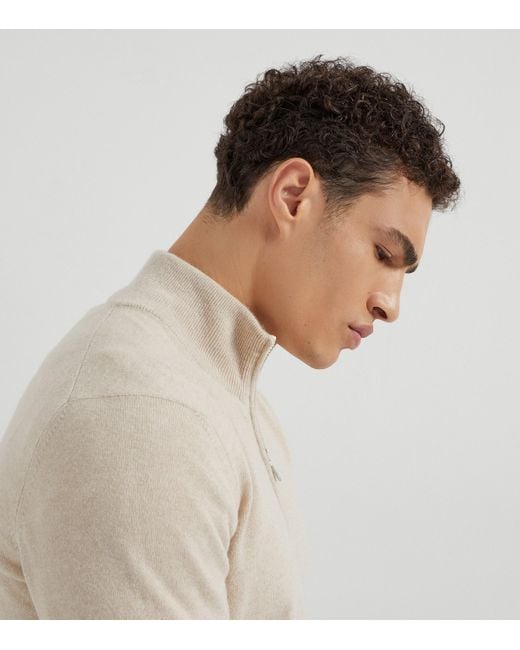 Brunello Cucinelli White Cashmere Quarter-Zip Sweater for men