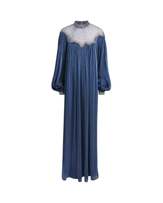 Costarellos Blue Satin Embellished Kaftan Elline Gown